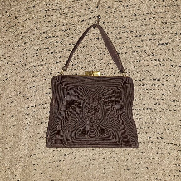 GOLD SEAL-Vintage 50s Corded Chocolate Brown Bag-Attached Coin Purse-Near Mint - Picture 1 of 11
